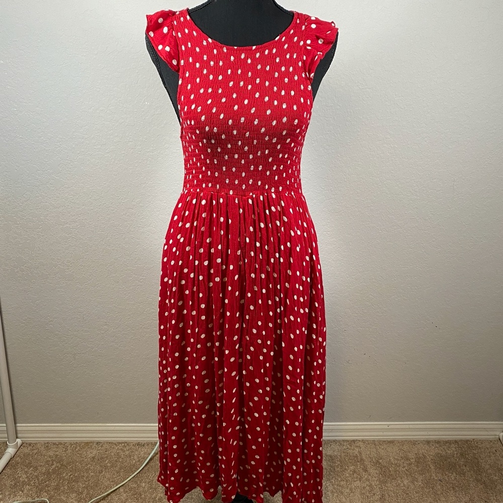 Free People Chambray Red Polka Dot Midi Dress